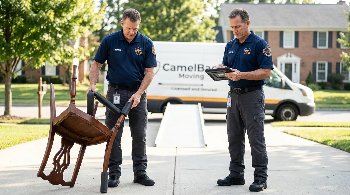 Movers inspecting furniture for damage prevention before loading in Brewerton, NY