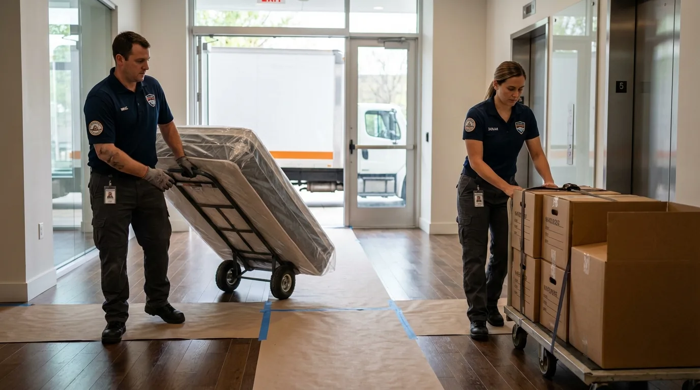 Professional apartment movers loading elevator in Brewerton, NY